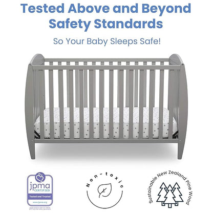 Delta Children Twinkle 4-in-1 Convertible Baby Crib, Sustainable New Zealand Wood, Grey and Delta Children Twinkle Galaxy Dual Sided Recycled Fiber Core Crib and Toddler Mattress (Bundle)