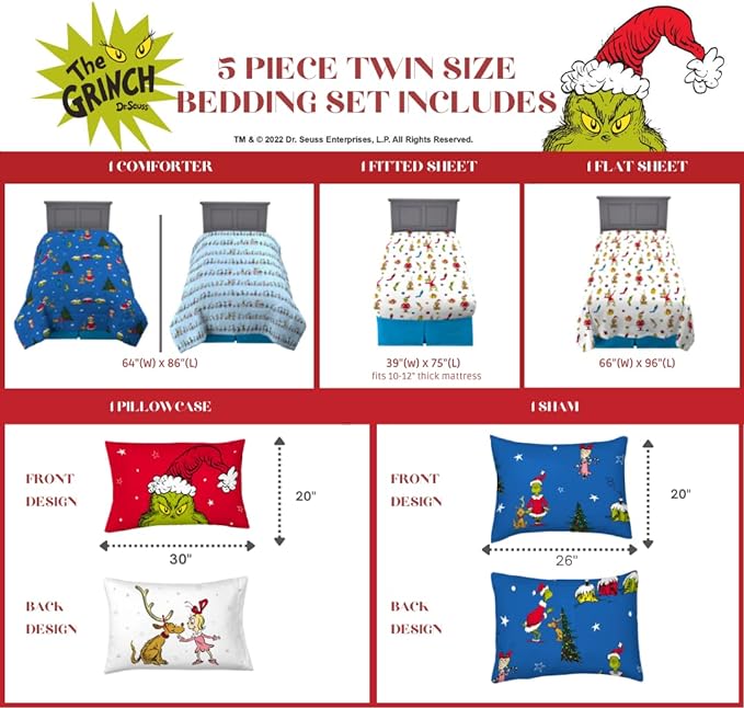 Franco Grinch by Dr. Seuss Holiday & Christmas Bedding Soft Comforter and Sheet Set with Sham, 5 Piece Twin Size, (Official Dr. Seuss Product)