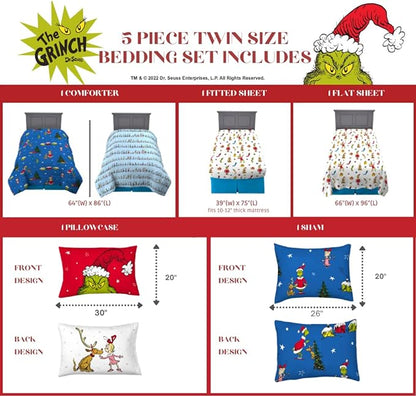 Franco Grinch by Dr. Seuss Holiday & Christmas Bedding Soft Comforter and Sheet Set with Sham, 5 Piece Twin Size, (Official Dr. Seuss Product)