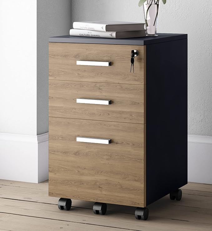 Lazio File Cabinet with Lock - Filing Cabinet for Home and Office - 3 Drawer Small Rolling File Cabinet -Wood Printer Stand with Storage for A4 Size/Legal Documents, File Folders (Cass Walnut/Black)
