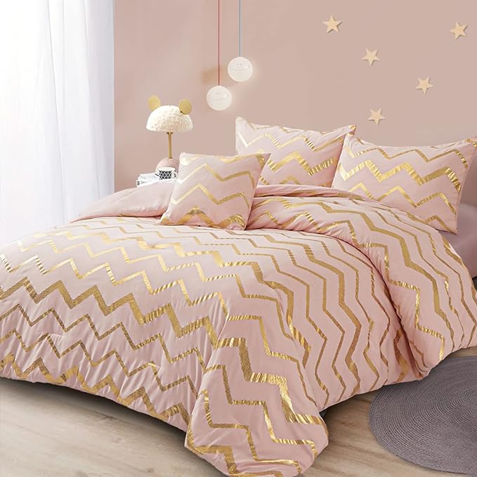 Pink Comforter Set Twin Size, Metallic Blush and Rose Gold Bedding Set, 3 Piece Lightweight Microfiber Comforter for Teen Girls Women (1 Pillow Sham + 1 Decorative Pillow Sham)