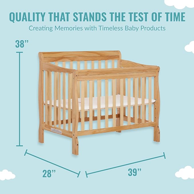 Aden 4-in-1 Convertible Mini Crib In Natural, Greenguard Gold Certified, Non-Toxic Finish, New Zealand Pinewood, With 3 Mattress Height Settings