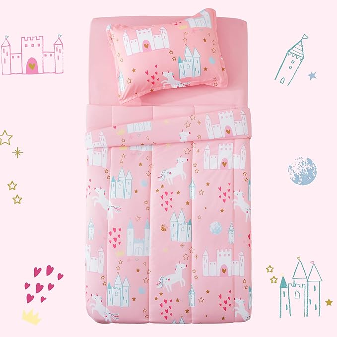 SLEEP ZONE Kids Bedding Comforter Set Full/Queen Size - Super Soft & Cute Printed 3-Piece Comforter Set All Seasons for Boys, Girls, Fade Resistant, Machine Washable, Unicorn Castle