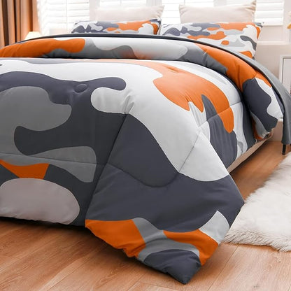 Meeting Story Camouflage Bedding Set, Colorful Pattern Style Comforter Set, 5 PCS One Comforter Two Pillowcases Two Sheets in One Bag, All Season Bedspread for Teens Adults (Orange, Queen 5Pcs)