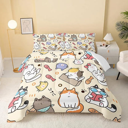 Kawaii Cat Comforter King,Kawaii Animals Comforter Set for Kids Teens Girls,3Pcs Bedding Set Printed Comforter with 2 Pillowcases,Down Alternative,Soft and Lightweight，King Size