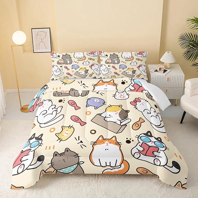 Kawaii Cat Comforter Twin,Kawaii Animals Comforter Set for Kids Teens Girls,3Pcs Bedding Set Printed Comforter with 2 Pillowcases,Down Alternative,Soft and Lightweight，Twin Size