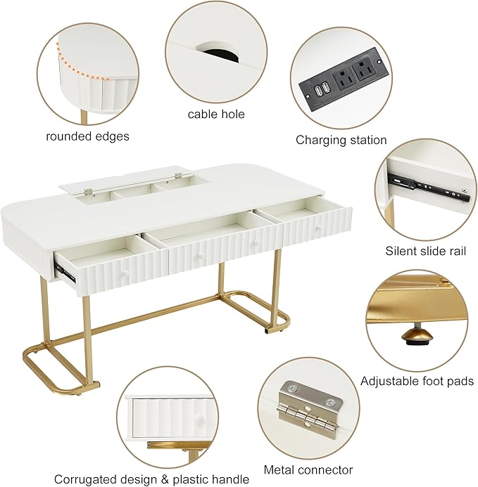 NicBex Laik-DW-00001-DX Desks, 48.26" W x 23.62" D x 30.7" H, Gold+White