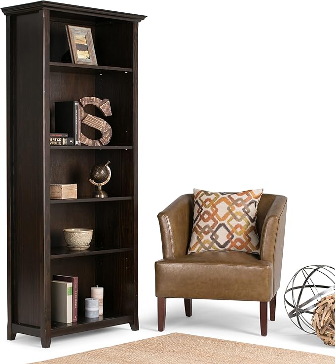SIMPLIHOME Amherst SOLID WOOD 30 Inch Transitional 5 Shelf Bookcase in Hickory Brown, For the Living Room, Study Room and Office