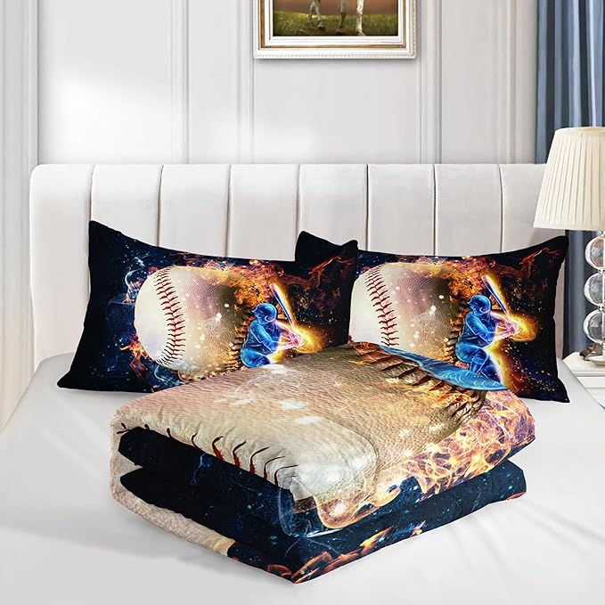 Axolotl 3D Baseball Comforter Set Queen,Sports Bedding,Red Blue Water Fire Comforter Set,Sports Baseball Loveer Bedding Set,Sport Game Comforter for Kids Boys Teens Adults,1 Quilt 2 Pillowcases