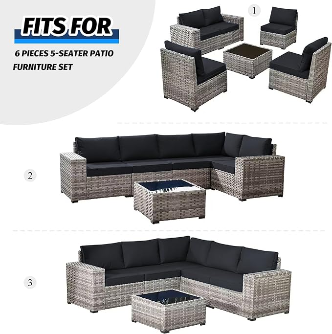 ClawsCover 11Pack Outdoor Seat and Back Cushions Replacement Covers Fit for 5-Seater 6Pieces Wicker Rattan Patio Furniture Conversation Set Sectional Couch Chairs,Dark Gray-Included Cover Only