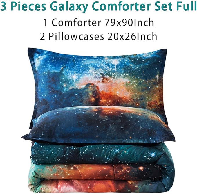 Litanika 3D Galaxy Comforter Full(79x90lnch), 3 Pieces(1 Galaxy Comforter, 2 Pillowcases), Universe Outer Space Bedding Set, Microfiber Comforter Set for Kid Boy Girl Teen