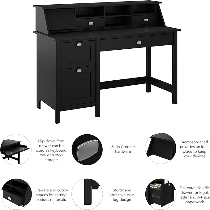 Bush Furniture Broadview 54W Computer Desk with Drawers and Desktop Organizer in Classic Black | Storage for Home Office Workspace
