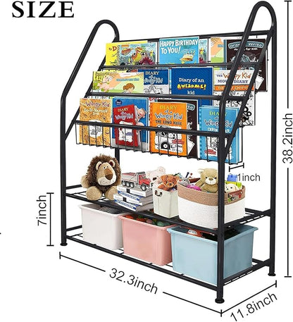 aboxoo Metal Kids Bookshelf Black Large Freestanding for Children Room 32 in Toy Organizer Large Stable Bookcase Bookstore Library Book Unit Storage Kids Bed Living Room