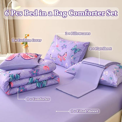 Butterfly Bedding Set Full, Purple Butterfly Comforter Set for Girls Kids Teens 6 pcs Bed in a Bag Full Bedding Sets for Girls