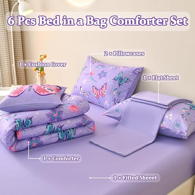 Butterfly Bedding Set Twin, Purple Butterfly Comforter Set for Girls Kids Teens 6 pcs Bed in a Bag Twin Bedding Sets for Girls