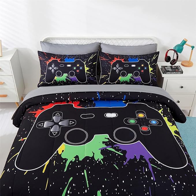 KAKKI 5 Piece Boys Full Gamer Comforter Set with Sheets, 3D Colorful Video Game Controller Comforter for Kids Teen, All Season Soft Microfiber Gaming Bedding Set(Black,Full)