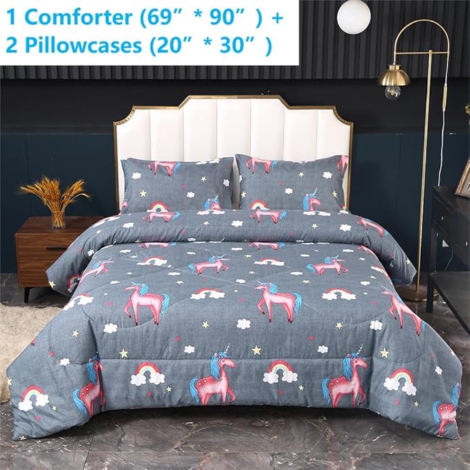 3PCS Gray Unicorn Comforter Set Twin, Bed in a Bag Unicorn Cute Room Decor, Wrinkle and Fade Resistant, Lightweight Twin Size Comforter Set for Boys, Girls Kids and Teens, Twin