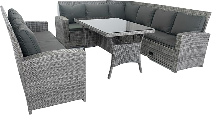 5 Pieces Outdoor Rattan Patio Furniture Sectional, Seater Conversation Set with 3 Storage Under Seat Wicker + Dark Cushion for Backyard, Deck, Poolside, Zl-Grey