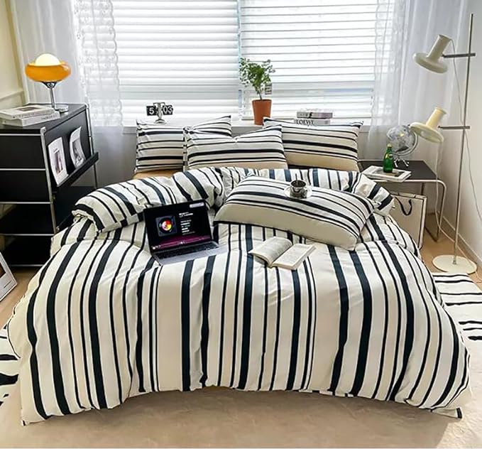 Striped Comforter Set Twin Black and White Comforter Men Women Modern Chic Stripes Bed Comforters Beige Black Striped Twin Ticking Bedding Comforter Set All Season Hotel Quality Bed Set