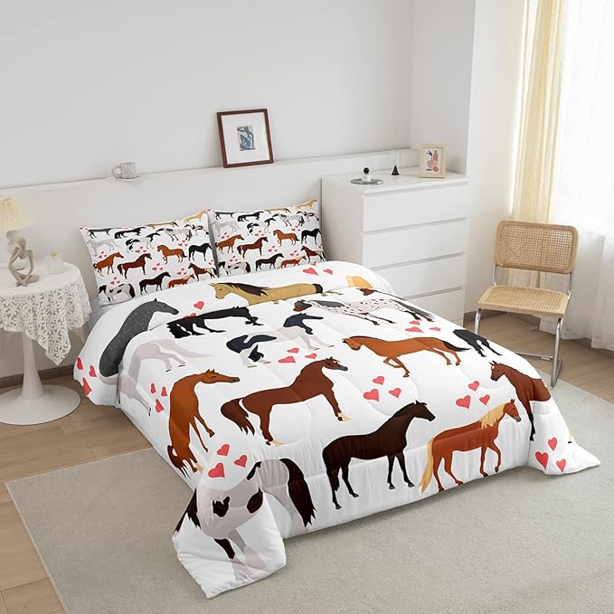 Galloping Horse Comforter Set Full Farm Bedding Set Kids Boys Girls Teens Cute Safari Animal Duvet Set Cartoon Horses with Pink Lover Heart Decor Kawaii Lightweight Cowboy Cowgirls Down Comforter