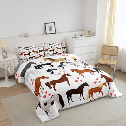 Galloping Horse Comforter Set Full Farm Bedding Set Kids Boys Girls Teens Cute Safari Animal Duvet Set Cartoon Horses with Pink Lover Heart Decor Kawaii Lightweight Cowboy Cowgirls Down Comforter