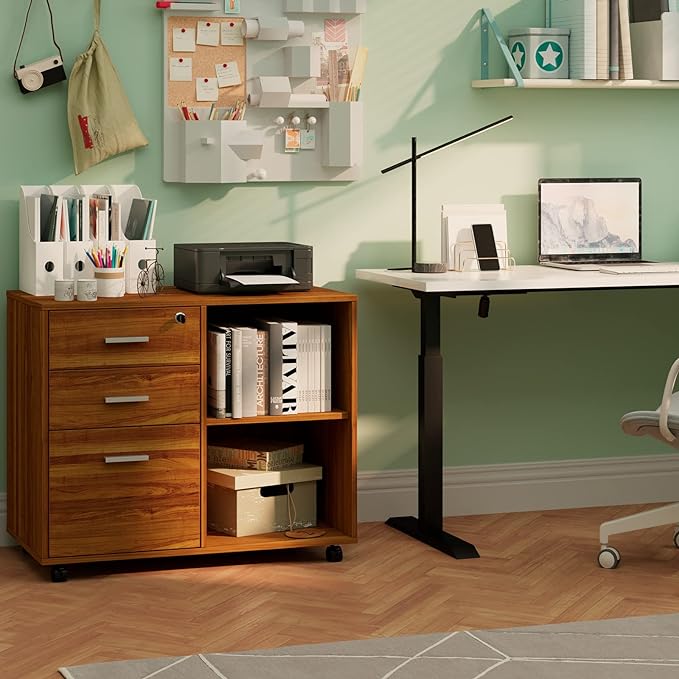 Maxtown Wood Filing Cabinet, Mobile Lateral Filing Cabinet with Lock, 3 Drawer Filing Cabinet with Open Storage Shelves, Printer Stand for Home Office, Teak
