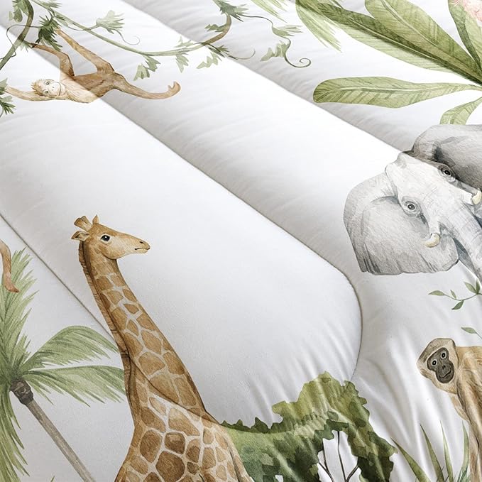 Elephant Giraffe Monkeys Comforter Full Size,Wild Animals Kids Comforter Set,3Pcs Bedding Set Printed Comforter with 2 Pillowcases,Down Alternative,Soft and Lightweight,for All Seasons