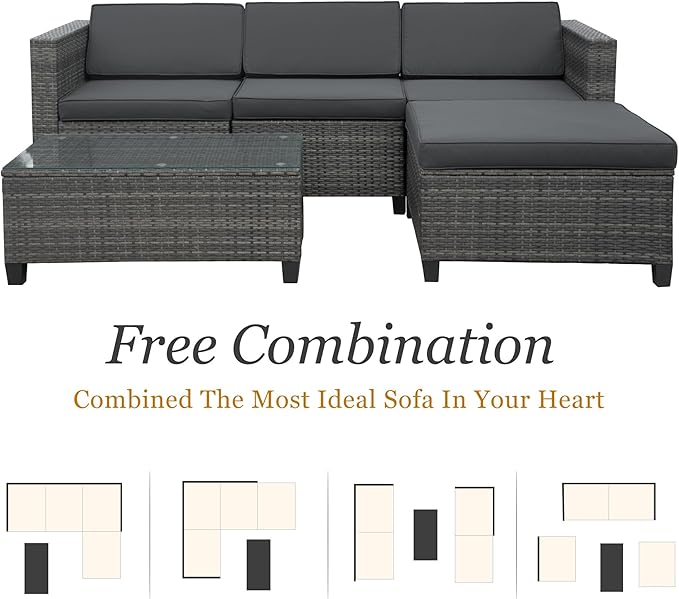 5 Piece Outdoor Patio Sectional Furniture Set, Weather Resistant Rattan Outside Couch, Waterproof Conversation Sofa for Balcony, Porch, Backyard, Deck, Garden, Grey