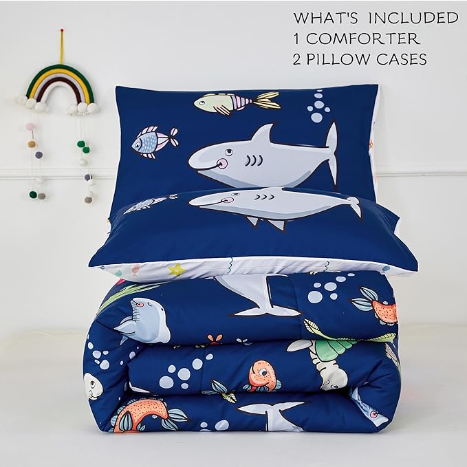 RYNGHIPY Kids Bedding Set for Full Bed Reversible Ocean Animals Print Comforter Set for Boys Girls Easy-Wash Super Soft Microfiber Bed Set (Navy Ocean,Full)