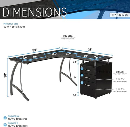 Techni Mobili Modern Computer File Cabinet and Storage L-Shaped Desk, Espresso