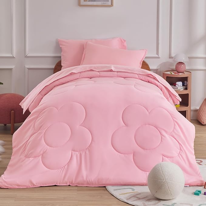 SLEEP ZONE Kids Pink Bedding Comforter Set Full/Queen Size - Super Cute & Soft Girls Bedding 7 Pieces Set with Comforter, Sheet, Pillowcase & Sham (Cinquefoil Pink)