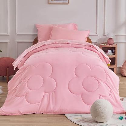 SLEEP ZONE Kids Pink Twin Bedding Comforter Set - Super Cute & Soft Girls Bedding 5 Pieces Set with Comforter, Sheet, Pillowcase & Sham (Cinquefoil Pink)