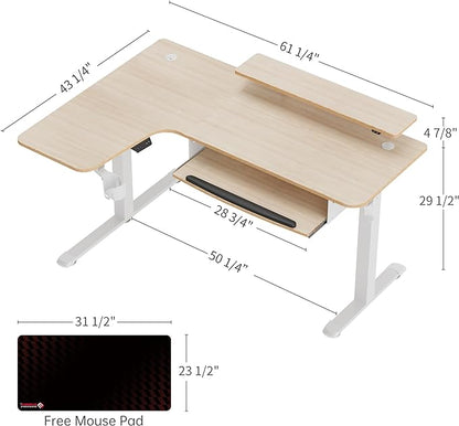EUREKA ERGONOMIC Standing Desk Adjustable Height 61" Electric Sit Stand Computer Desk L Shaped with Keyboard Tray,Monitor Stand &LED, Dual Motor Memory Presets Sit to Desk Adjustable Desk, Left/Maple