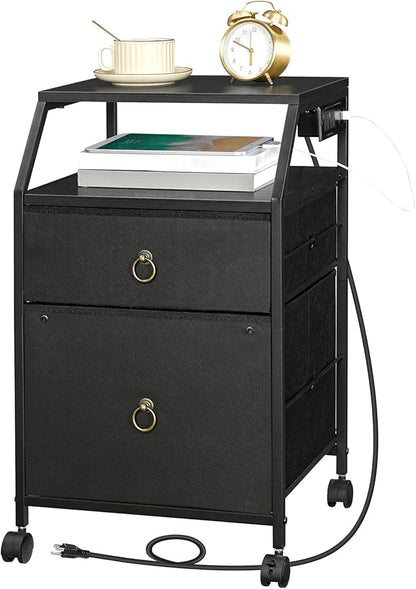 HOOBRO 2-Drawer Mobile File Cabinet, Filing Cabinet with Charging Station, Rolling Printer Stand with Open Storage Shelf, fits A4/Letter-Size for Home Office, Nonwovens Drawer, Black BB10UWJ01