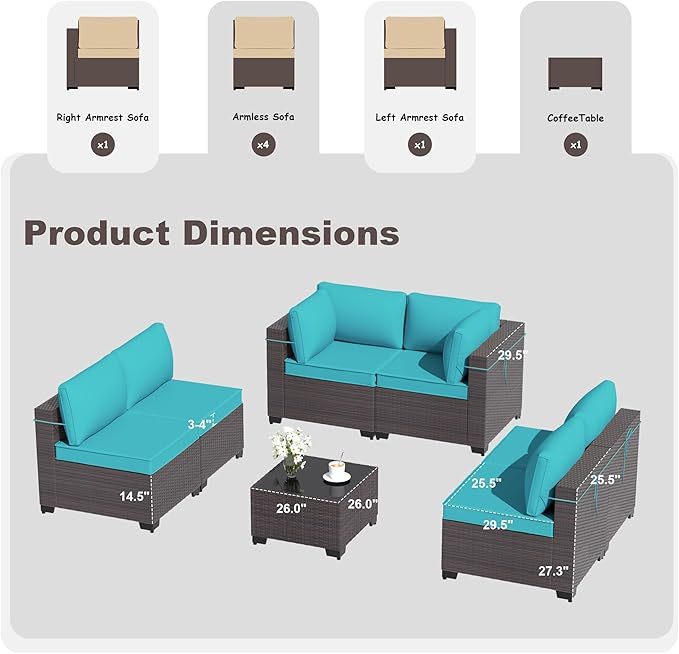 Outdoor Furniture Set 7PCS Patio Furniture for Backyard Wicker Sectional Sofa Set 6 Seats, PE Rattan Outdoor Conversation Set with Thickened Cushions and Glass Coffee Table, Blue