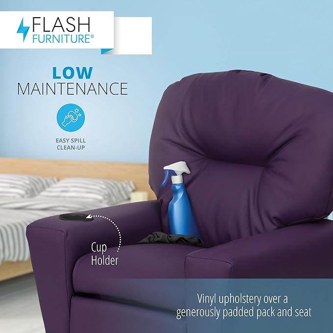 Flash Furniture Chandler Vinyl Kids Recliner with Cup Holder and Safety Recline, Contemporary Reclining Chair for Kids, Supports up to 90 lbs., Purple