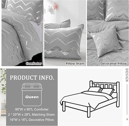 Grey and Silver Comforter Set Queen Metallic Print Geometric Bedding Set, 4 Pieces Lightweight Microfiber Bed Set for Teen Kids Boys (2 Pillow Shams + 1 Decorative Pillow Sham)
