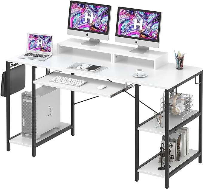 Computer Desk with Keyboard Tray, 55 Inch Music Studio Desk Music Production Desk with Storage Shelves Monitor Stands and 4 Iron Hooks, Desk Workstation Gaming Table for Home Office