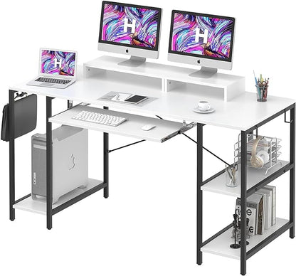Computer Desk with Keyboard Tray, 55 Inch Music Studio Desk Music Production Desk with Storage Shelves Monitor Stands and 4 Iron Hooks, Desk Workstation Gaming Table for Home Office