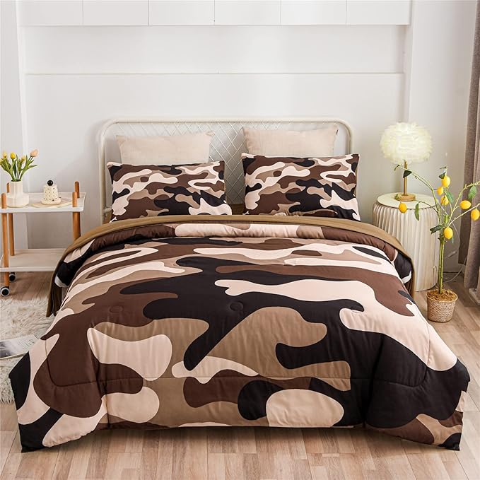 Meeting Story Camouflage Bedding Set, Colorful Pattern Style Comforter Set, 5 PCS One Comforter Two Pillowcases Two Sheets in One Bag, All Season Bedspread for Teens Adults (Coffee, Twin 5Pcs)