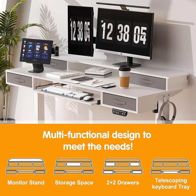 Electric Standing Desk, Multifunctional Standing Desk Adjustable Height, 55 * 24 Standing Desk with 4 Drawers, Ergonomic Adjustable Standing Desk with Keyboard Tray, Snow White