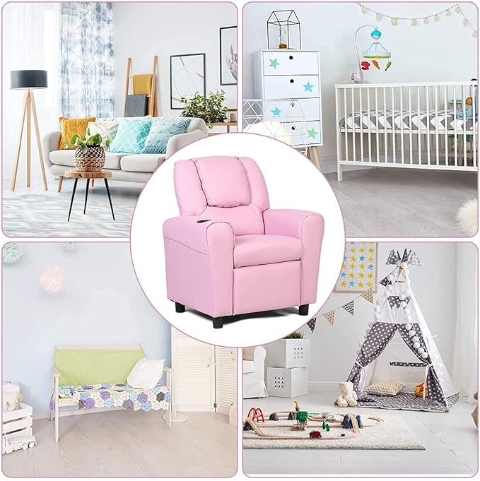 ARLIME Kids Recliner chair, toddler Armchair Upholstered Couch with Cup Holder, Backrest, baby Leather sofa with Headrest and Footrest, Child Furniture for Ages 2-7(Pink)