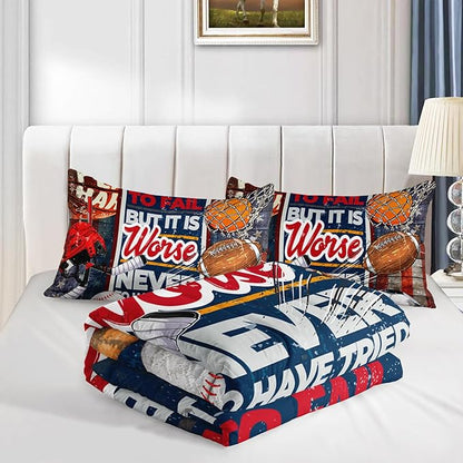 Axolotl Sports Comforter Set Full Size,Sports Theme Comforter Set Football Baseball Bedding Set,Sports Bedding Set 3D Soccer Comforter Set Basketball Bedding for Kids Boys Teens,1 Quilt 2 Pillowcases