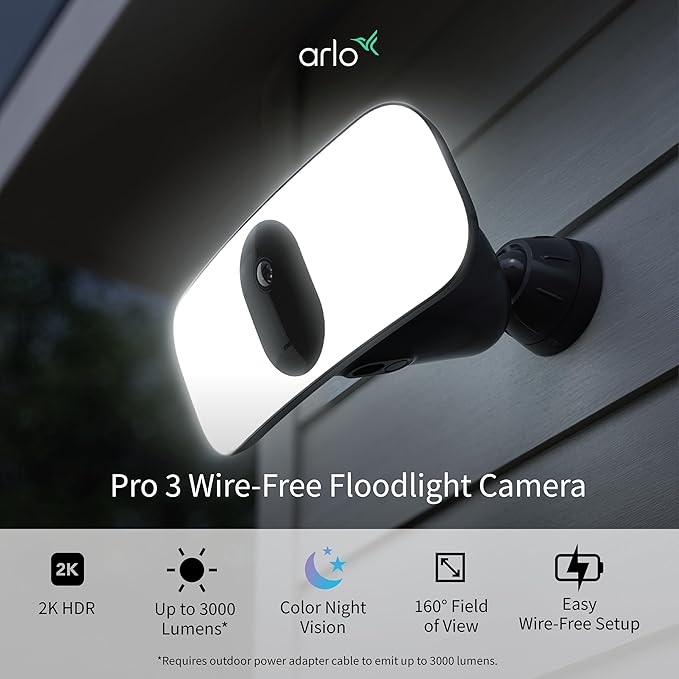 Arlo Pro 3 LED Floodlight Security Camera 2K HDR 2000-3000 Lumens | Wire-Free | Protect Driveways & Alleyways | Connects to Wi-Fi | Color Night Vision, Motion Sensor, 2-Way Audio, Rechargeable (Black)