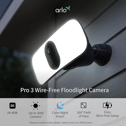 Arlo Pro 3 LED Floodlight Security Camera 2K HDR 2000-3000 Lumens | Wire-Free | Protect Driveways & Alleyways | Connects to Wi-Fi | Color Night Vision, Motion Sensor, 2-Way Audio, Rechargeable (Black)