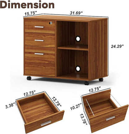 Maxtown Wood Filing Cabinet, Mobile Lateral Filing Cabinet with Lock, 3 Drawer Filing Cabinet with Open Storage Shelves, Printer Stand for Home Office, Teak