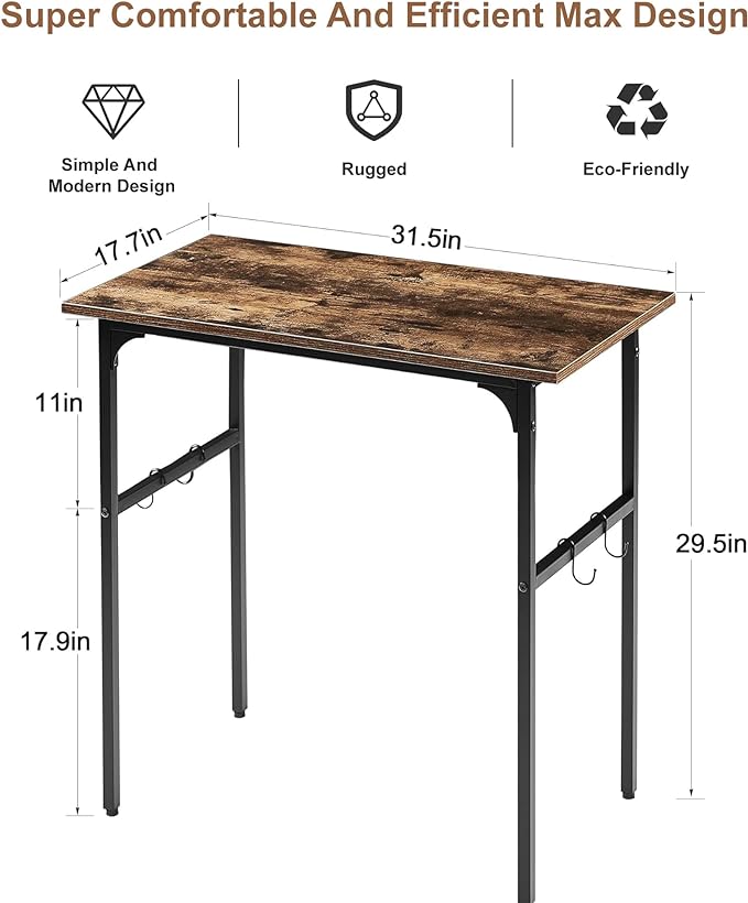 VECELO 32 Inch Small Computer Stable Writing Study Work 4 Hooks Adjustable Feet Wooden Desk for Home,Bedroom,Rusic Brown, 32Inches