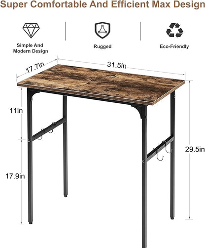 VECELO 32 Inch Small Computer Stable Writing Study Work 4 Hooks Adjustable Feet Wooden Desk for Home,Bedroom,Rusic Brown, 32Inches