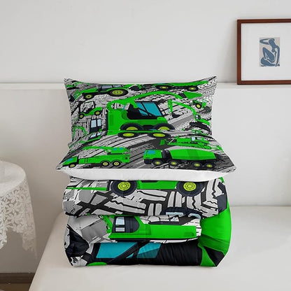 Excavator Down Comforter, Kids Boys Cartoon Car Comforter Set Full, Children Tractor Truck Duvet Sets Girls Construction Vehicle Bulldozer Bedding Set 3 Pieces with 2 Pillow Cases, Green Gray