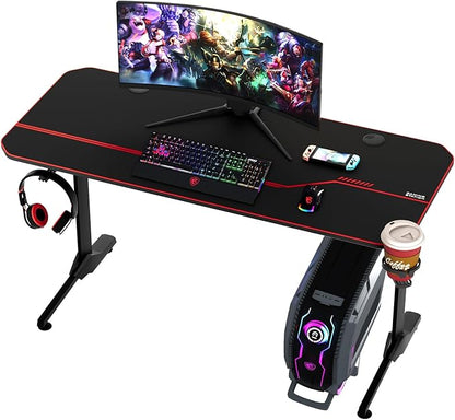 55'' Gaming Desk, Multi-Use Home Office T-Shaped Computer Workstation, Carbon Fiber Surface PC Study Table, Full Cover Mousepad, Drink Holder, Wire Holes, Headphone Hook, Cable Tray, Red
